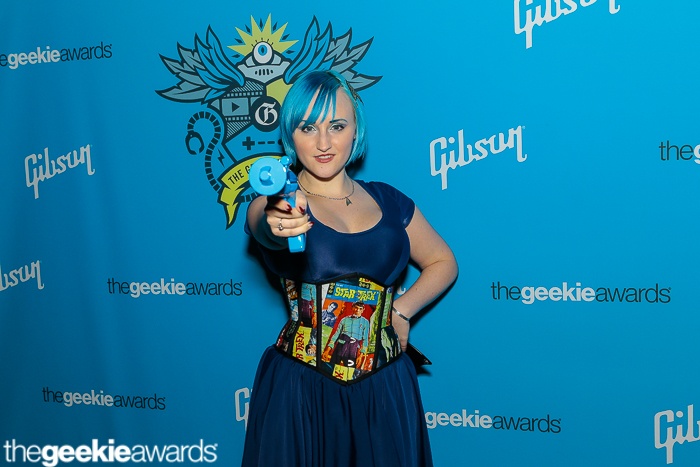 female cosplayer wearing blue costume on the geekie awards