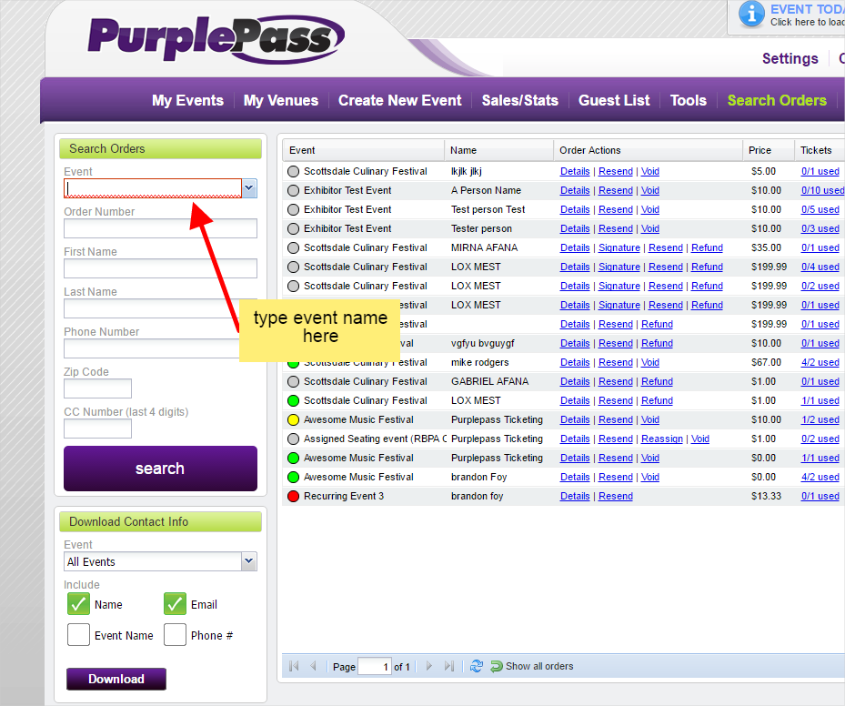 purplepass search orders tab