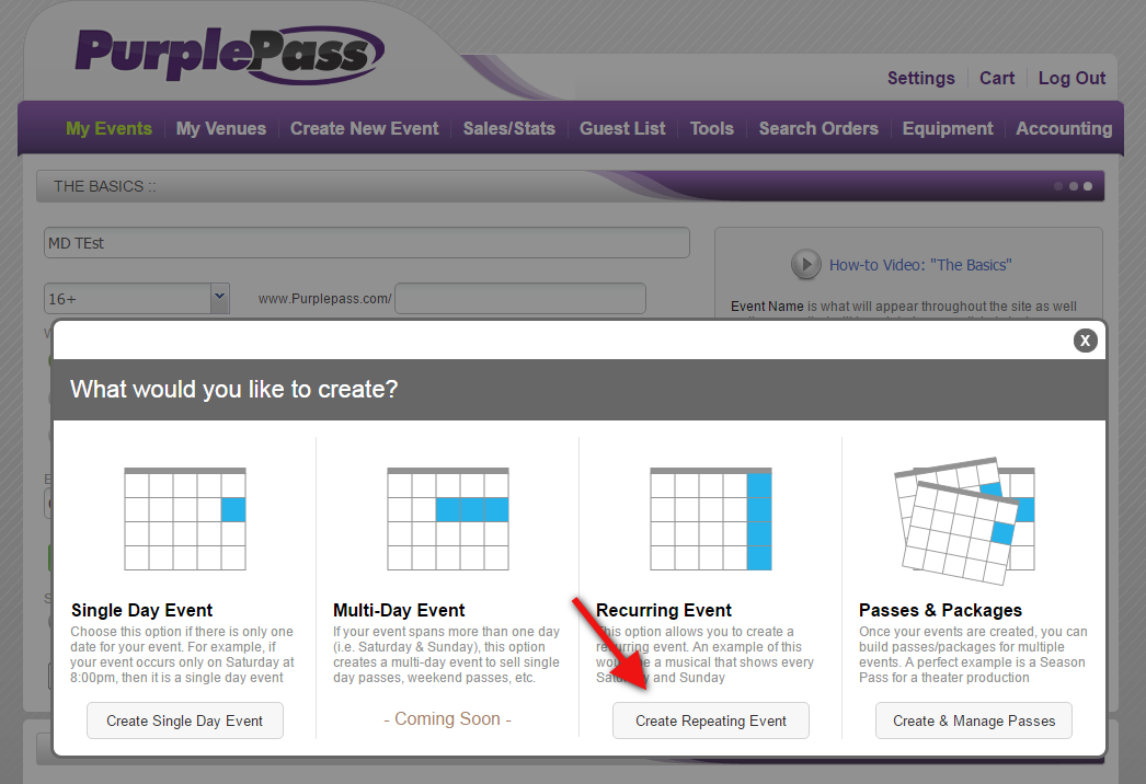 purplepass new feature "create repeating event" to custom schedules on recurring events
