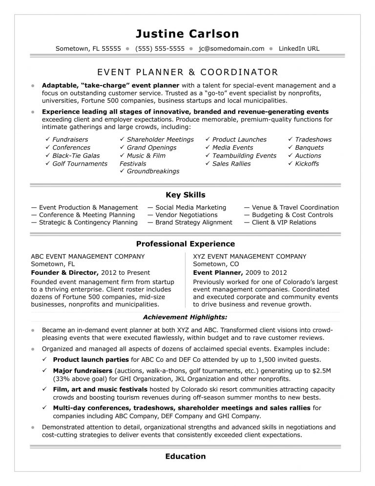event planner resume example