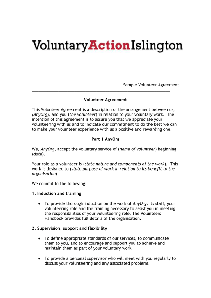 voluntary action islington volunteer agreement