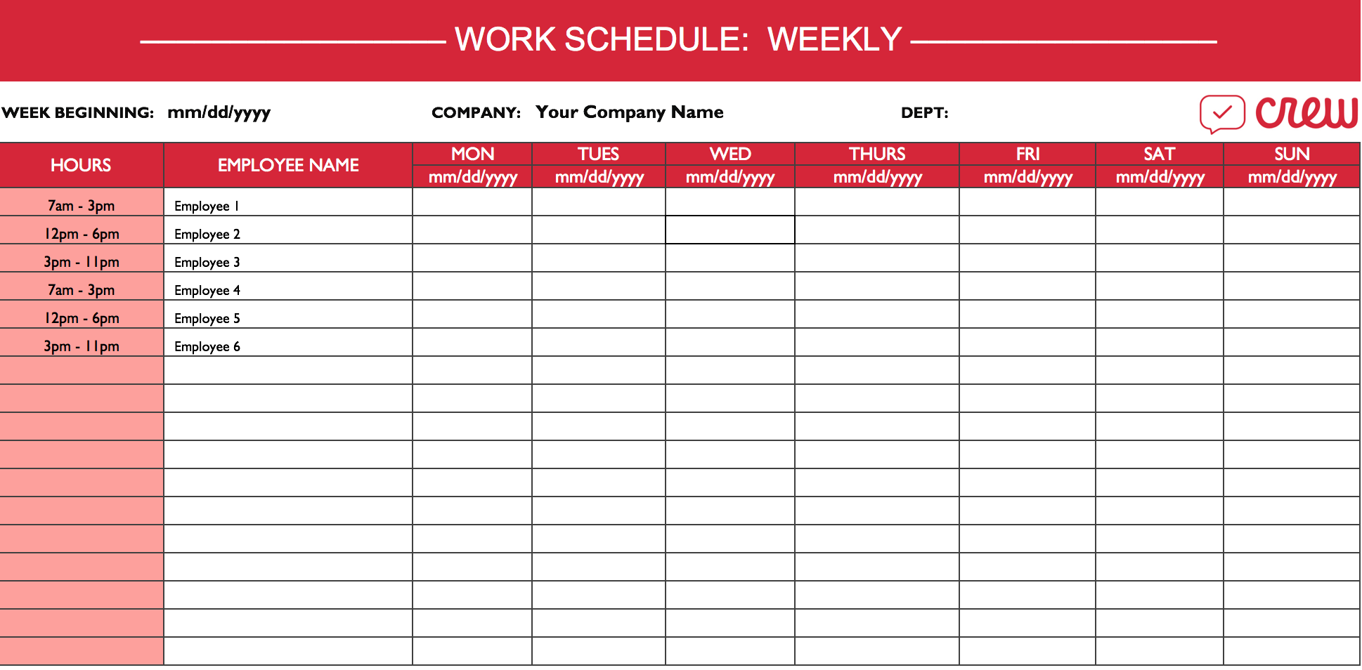 weekly employees work schedule template