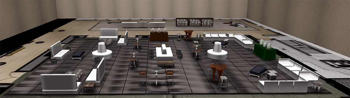 social tables 3D space planning rendering