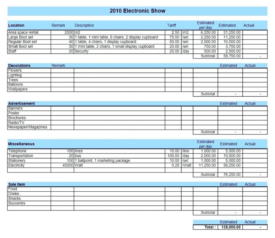 a sample budget worksheet template for event