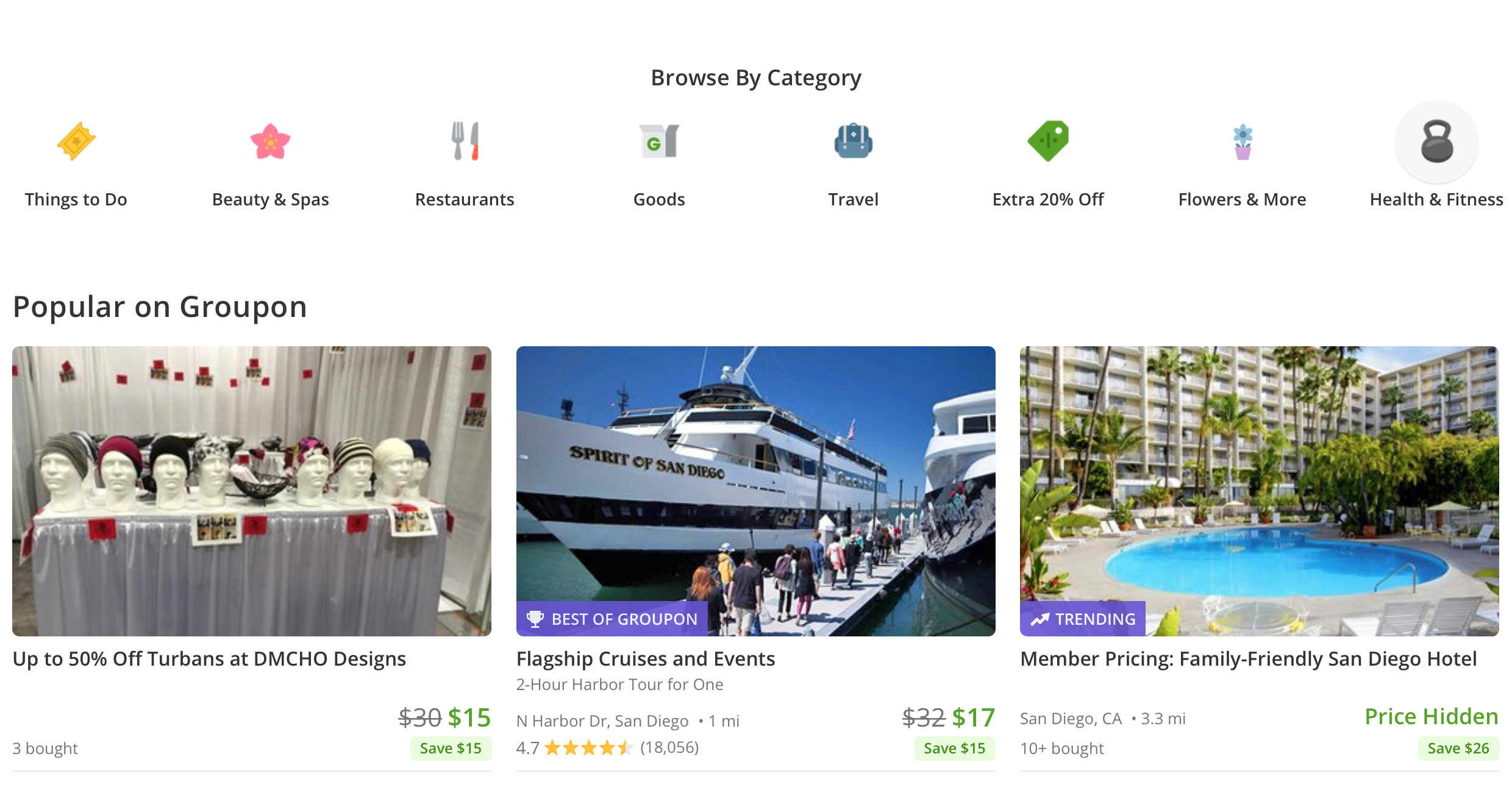 Groupon website browse by category