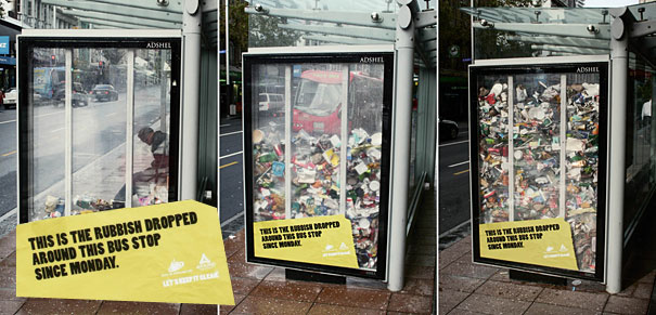 Rubbish inside the security glass at the bus-stop.