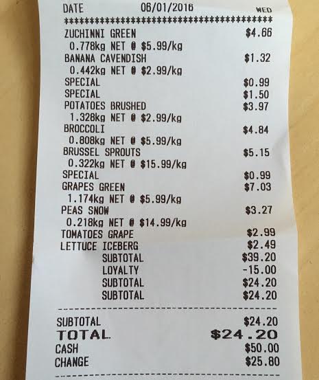 a photo of veggie grocery receipt