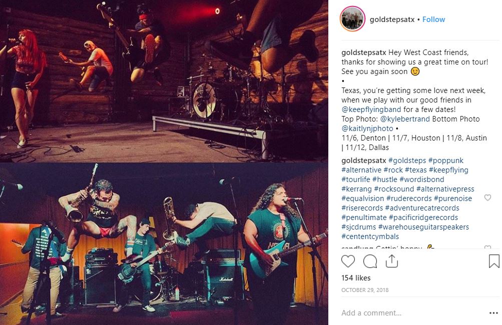 instagram account of goldstepsatx with band performing and comments on the right side