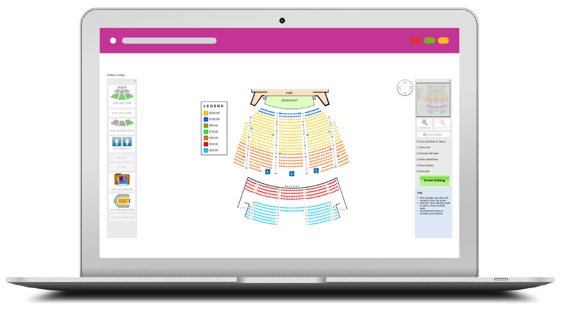 laptop with a screen showing an assigned seating map