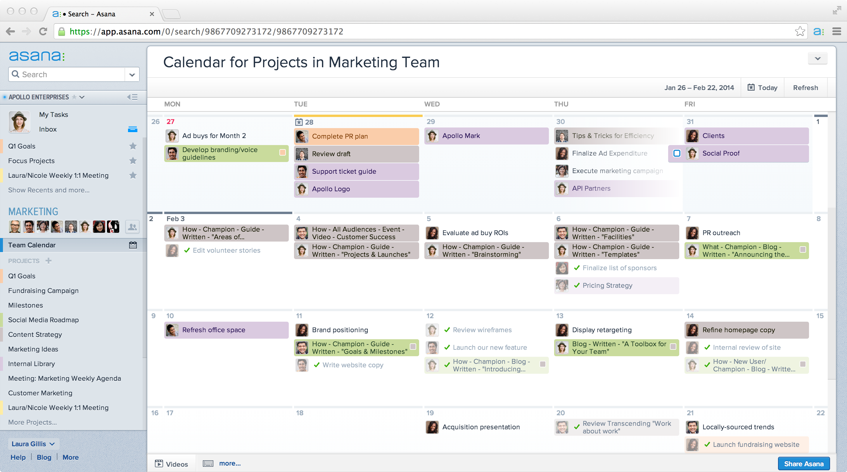 an Asana calendar for projects in marketing team