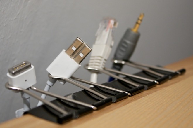 organized chargers and electronic wires with binder clips