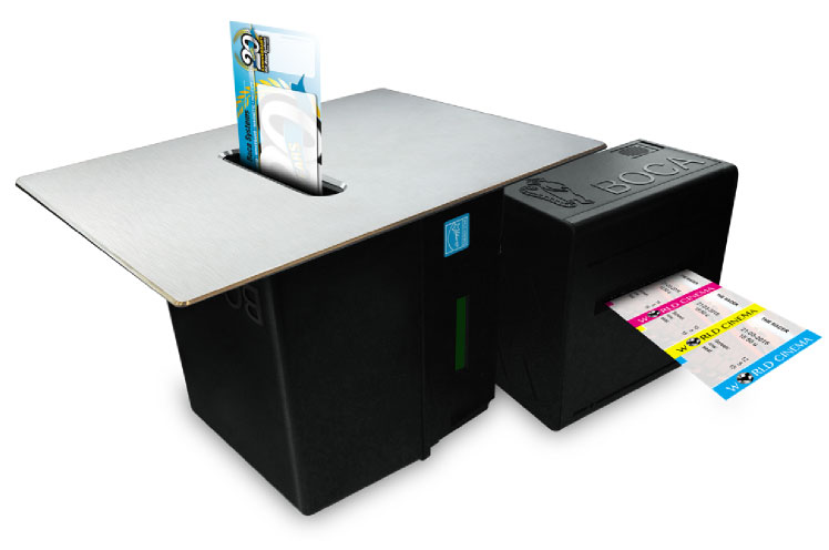 a photo of black Boca thermal ticket printer with printed ticket output