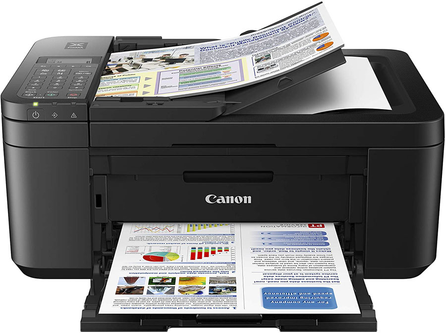 a photo of black Canon printer with paper output