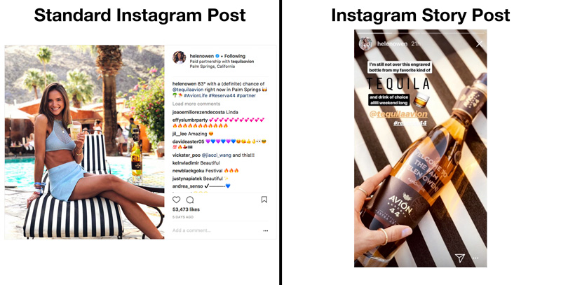 woman showing tequila Avion Reserva on standard instagram post and instagram story post