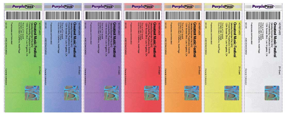 Purplepass physical tickets in different colors
