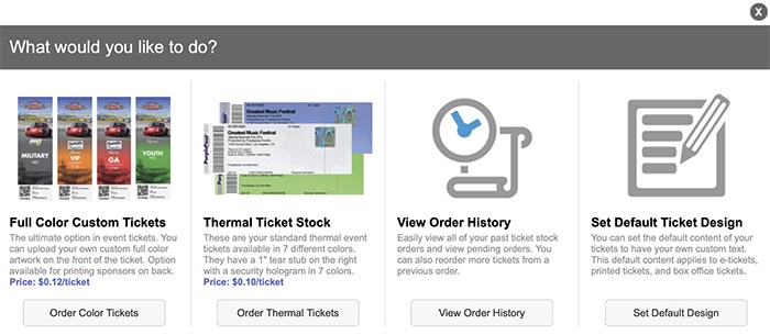 list of options when ordering ticket designs