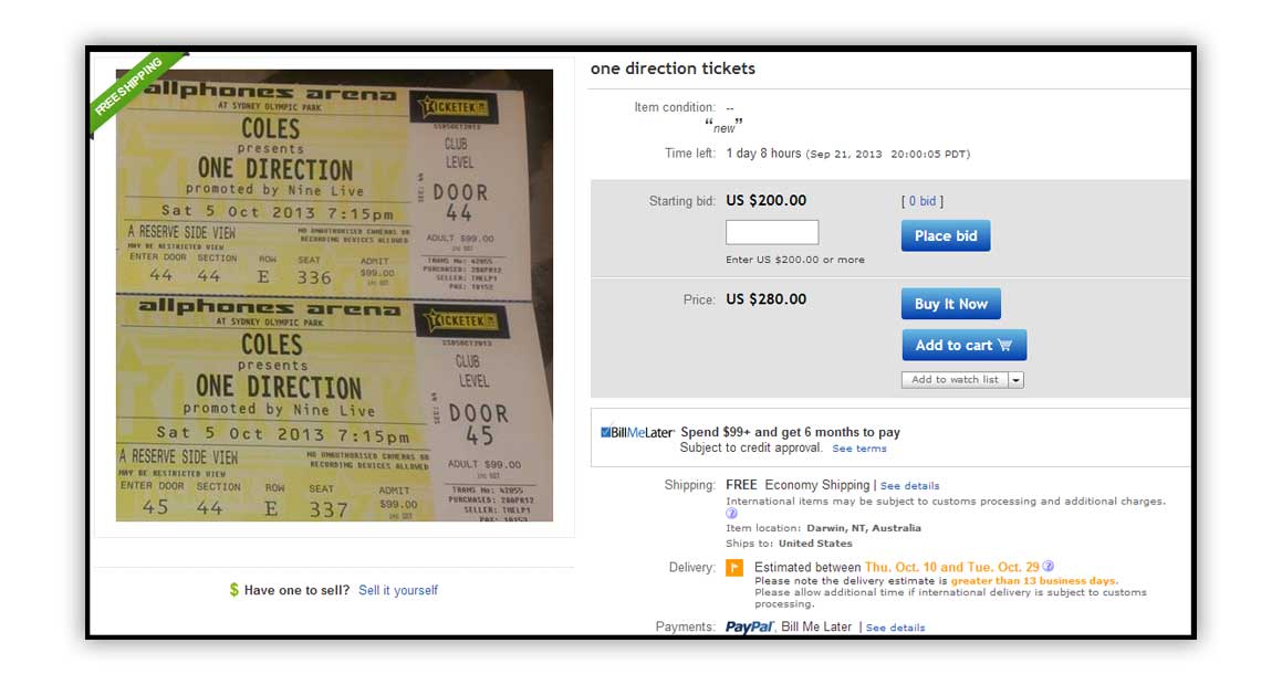 one direction tickets ebay