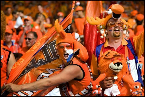 sports fan dressed in orange custom holding an orange flag