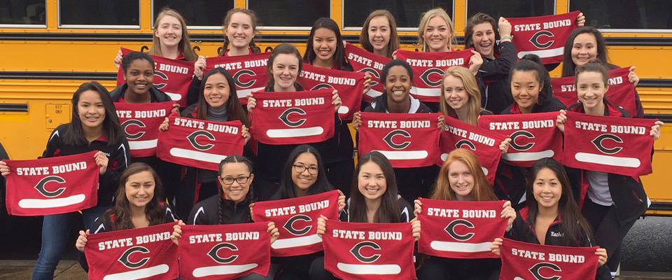 group of female students holding a red banner with "state bound c" written on it