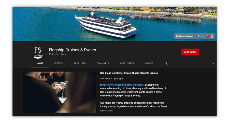 a ship photo above and flagship cruises & events youtube page