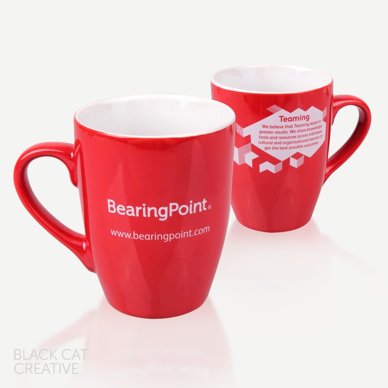 two red bearingpoint mugs
