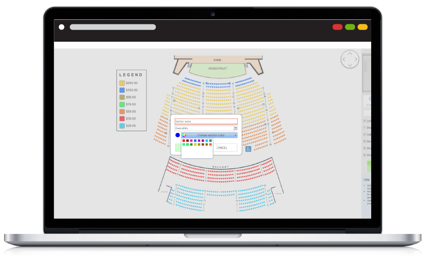 purplepass assigned seating map displayed on laptop screen