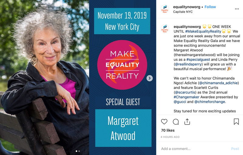 a picture of seated Margaret Atwood and texts on her right side