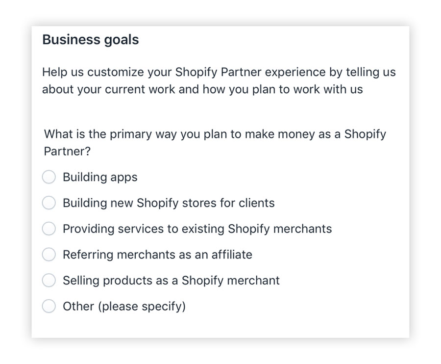 shopify business goals account creation