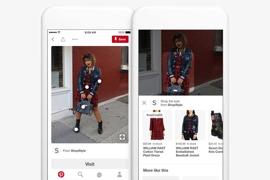 phone with the screen showing Pinterest and a woman holding a bag