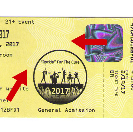 guilloche pattern on ticket with hologram and two red arrows