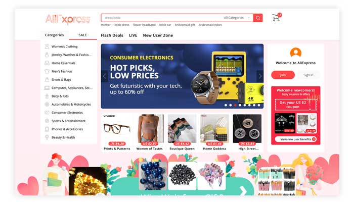 a homepage screenshot of Aliexpress for wholesale shopping