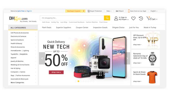 a homepage screenshot of DHgate.com for wholesale shopping