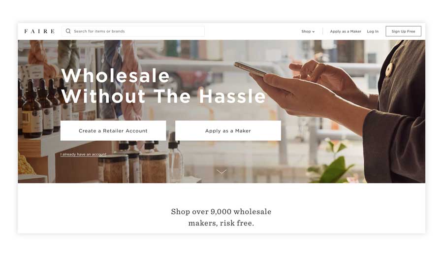 a homepage screenshot of Faire for wholesale shopping