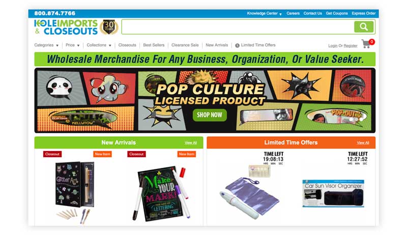 a homepage screenshot of Kole Imports & Closeouts for wholesale shopping