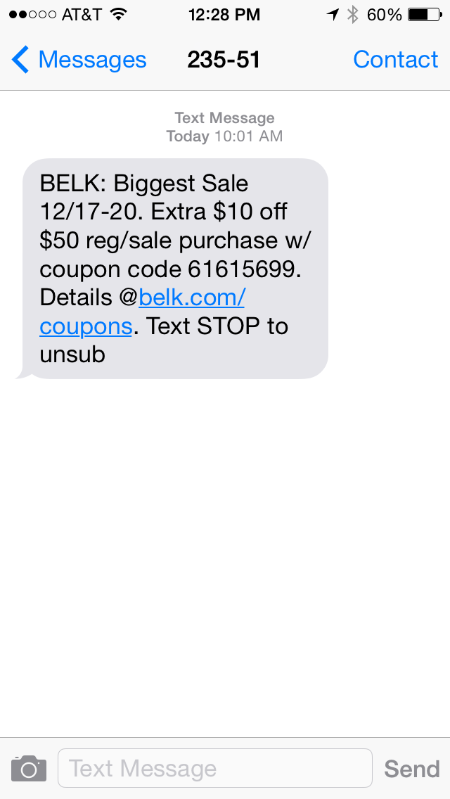 sms from BELK offers coupon code for discount