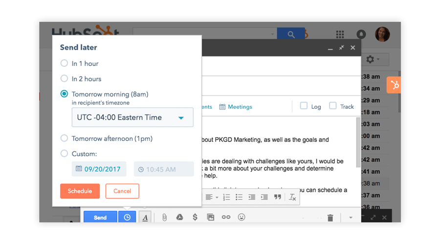 hubspot's send later scheduling feature