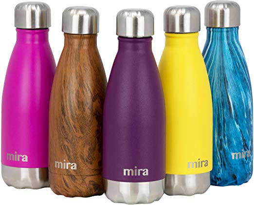 five metal water bottles with different color