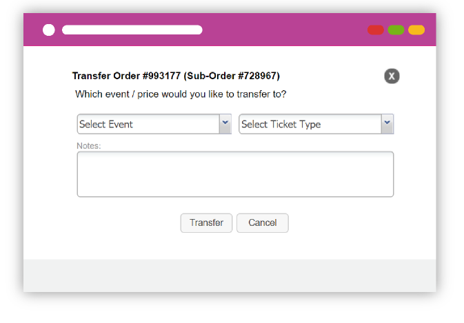 the system shows "Transfer Order #993177 (Sub-Order #728967)" an option of transferring tickets to other event.