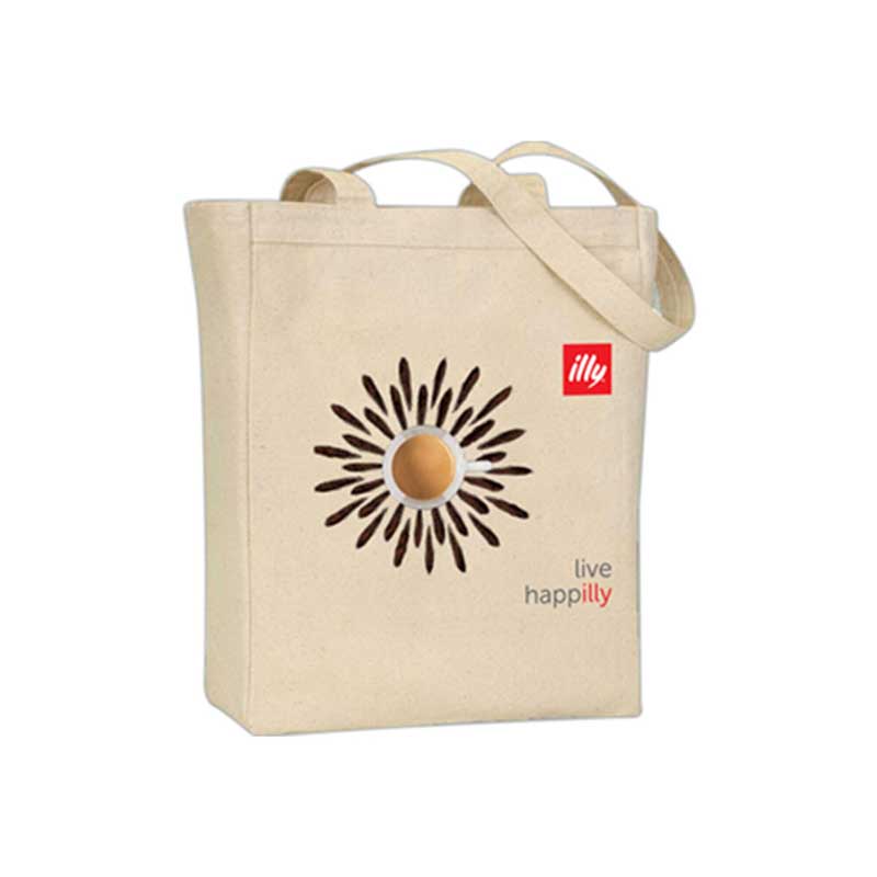 a branded tote bag in white color with text, logo, and design 