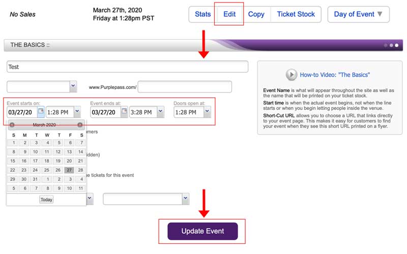 Changing event start and end date in Purplepass account.