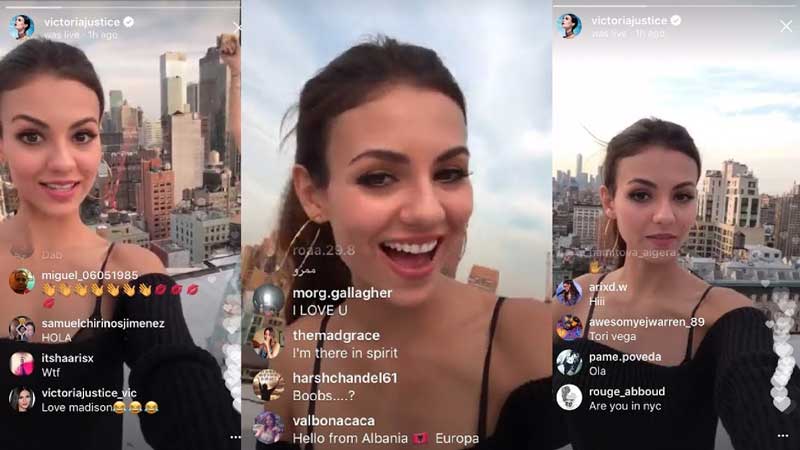 3 screenshots of victoria justice's instagram live story with comments