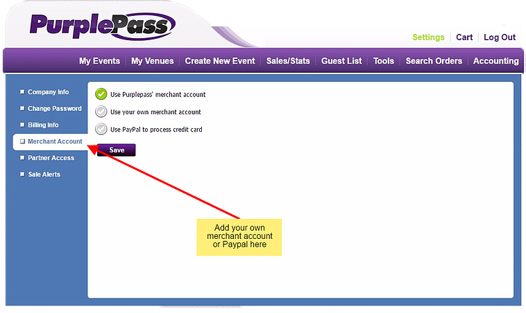 a red arrow pointing to Merchant Account on the left pane of Purplepass account