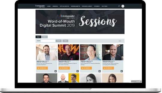 the virtual online events sessions for Word-of-Mouth Digital Summit 2019 are displayed on the laptop screen