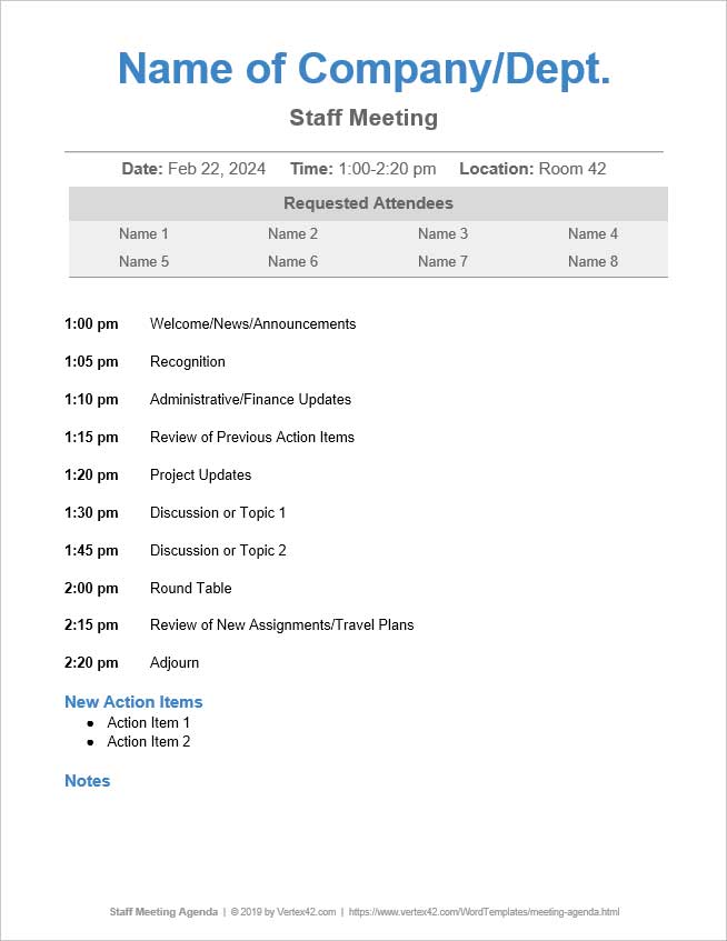 a sample staff meeting agenda template