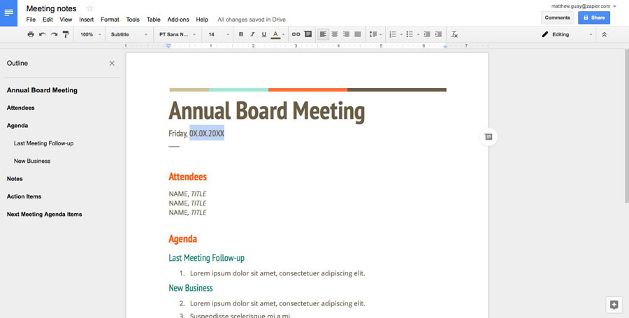 writing meeting notes using Google Docs