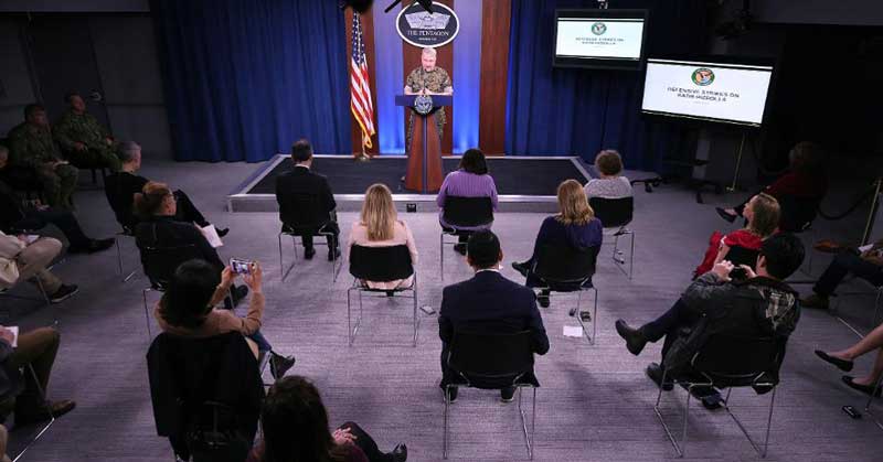 the Pentagon is exercising social distancing by keeping reporters' chairs four feet apart from each other during news briefings