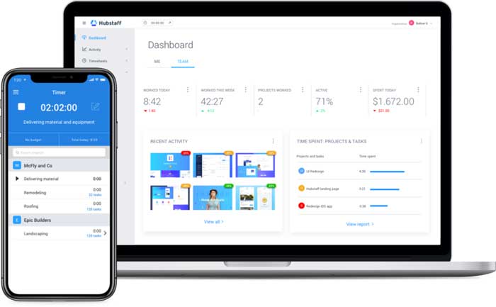 a mobile phone showing time tracker and laptop computer showing hubstaff dashboard