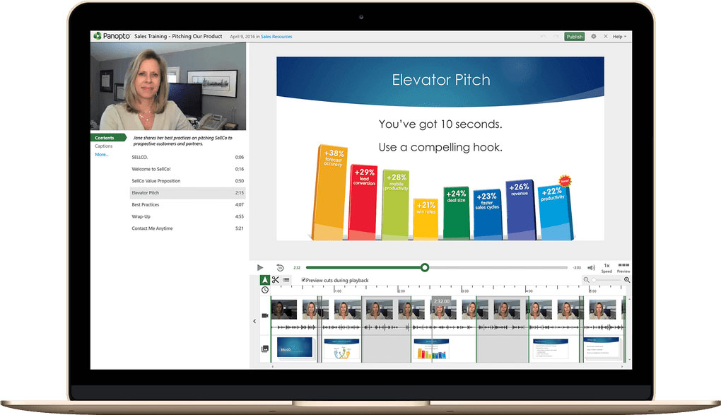 a woman on the upper left corner and her Panopto live streaming platform titled Elevator Pitch with bar graphs in different colors