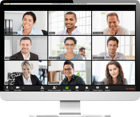 9 persons on zoom conference calling displayed on the desktop computer screen