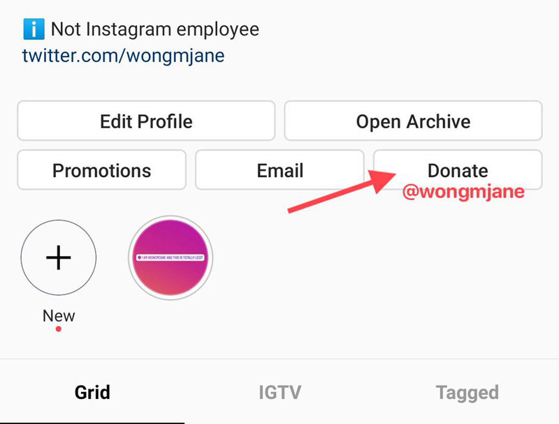 points to donate button on instagram
